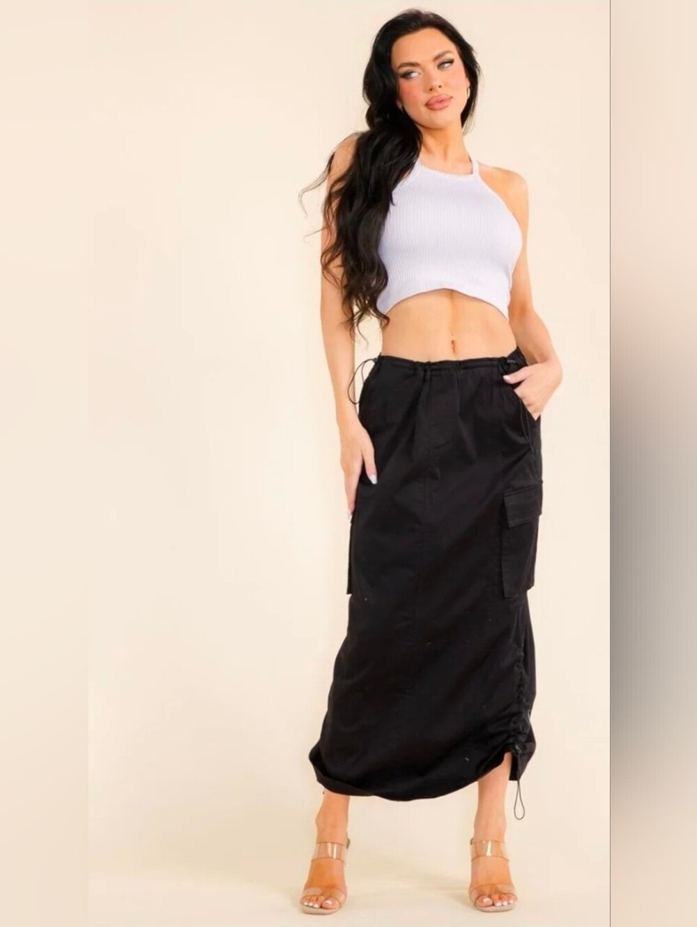 Black Cargo Drawstring Maxi Skirt - Women's
